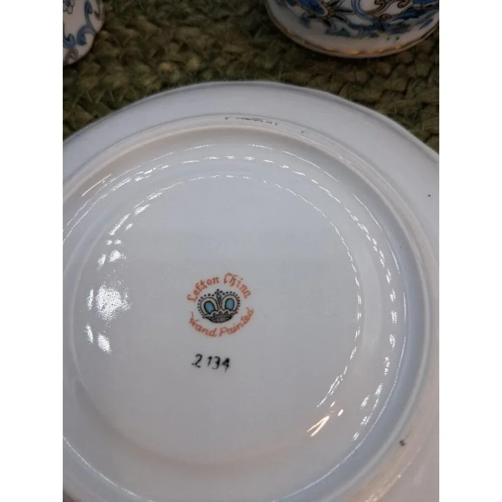 Vintage Lefton China Hand Painted Blue &Gold Floral Tea Set W/Sugar Bowl Cre